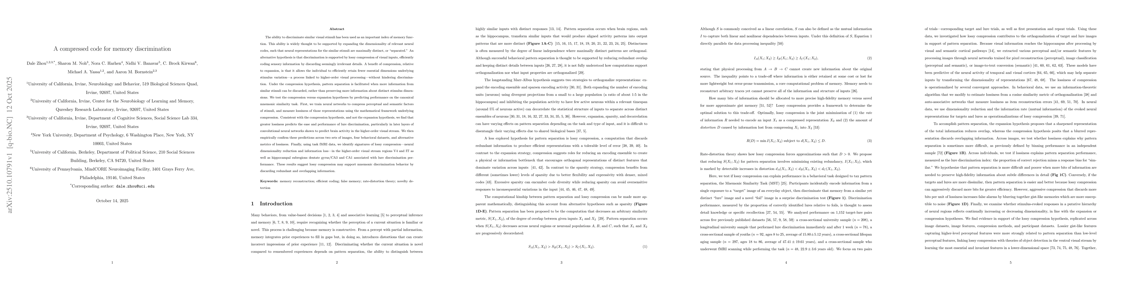 Thumbnail for A compressed code for memory discrimination