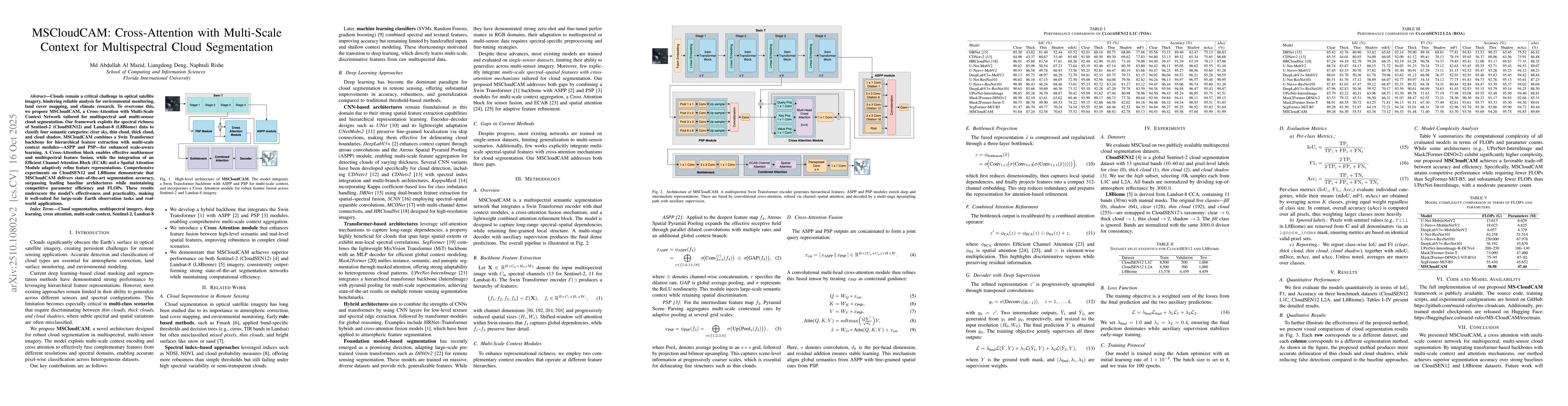 Thumbnail for MSCloudCAM: Cross-Attention with Multi-Scale Context for Multispectral
  Cloud Segmentation