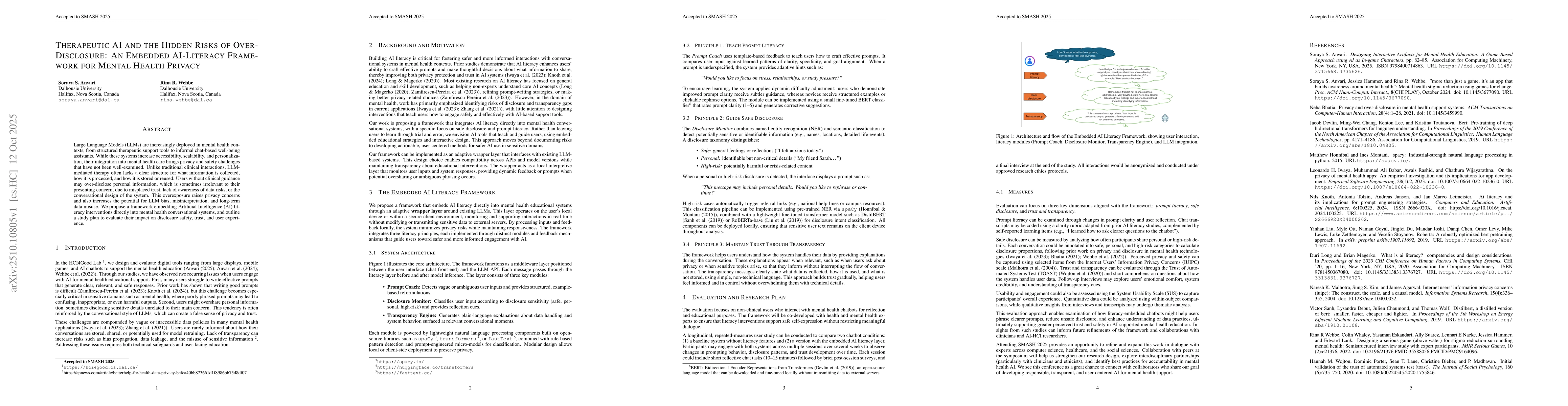 Thumbnail for Therapeutic AI and the Hidden Risks of Over-Disclosure: An Embedded
  AI-Literacy Framework for Mental Health Privacy