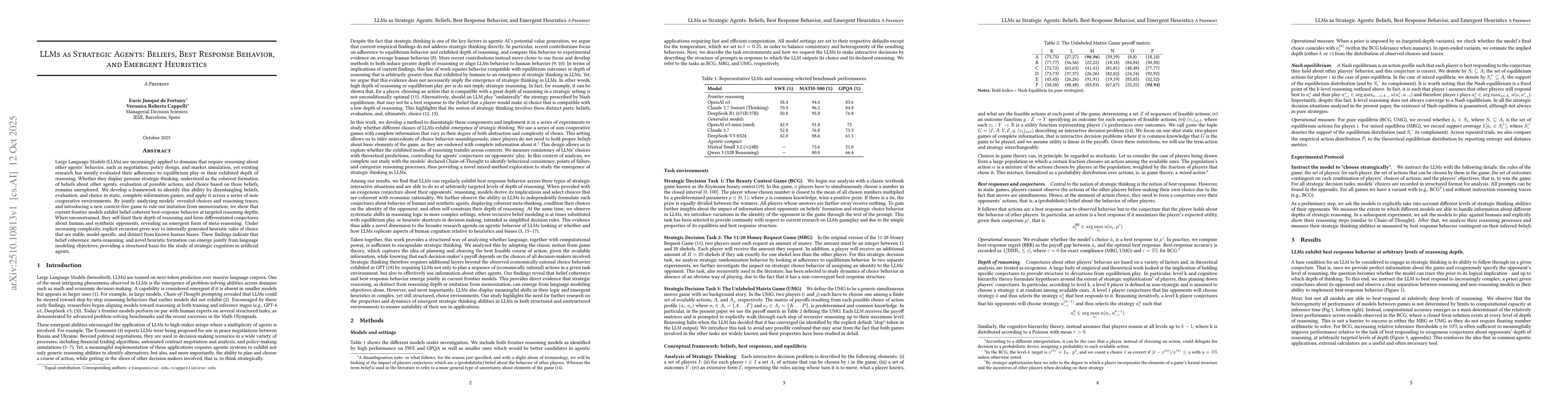 Thumbnail for LLMs as Strategic Agents: Beliefs, Best Response Behavior, and Emergent
  Heuristics