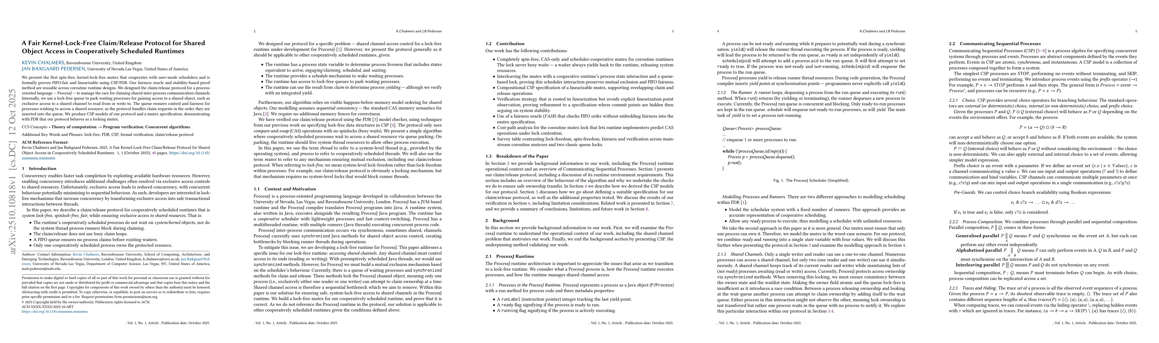Thumbnail for Fair Kernel-Lock-Free Claim/Release Protocol for Shared Object Access in
  Cooperatively Scheduled Runtimes