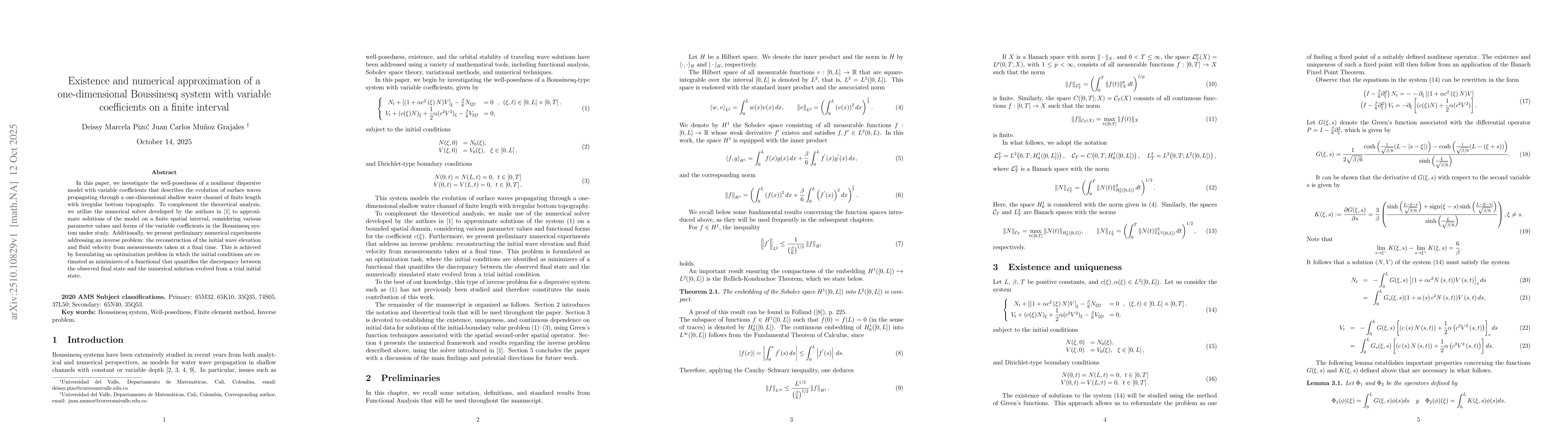 Thumbnail for Existence and numerical approximation of a one-dimensional Boussinesq
  system with variable coefficients on a finite interval