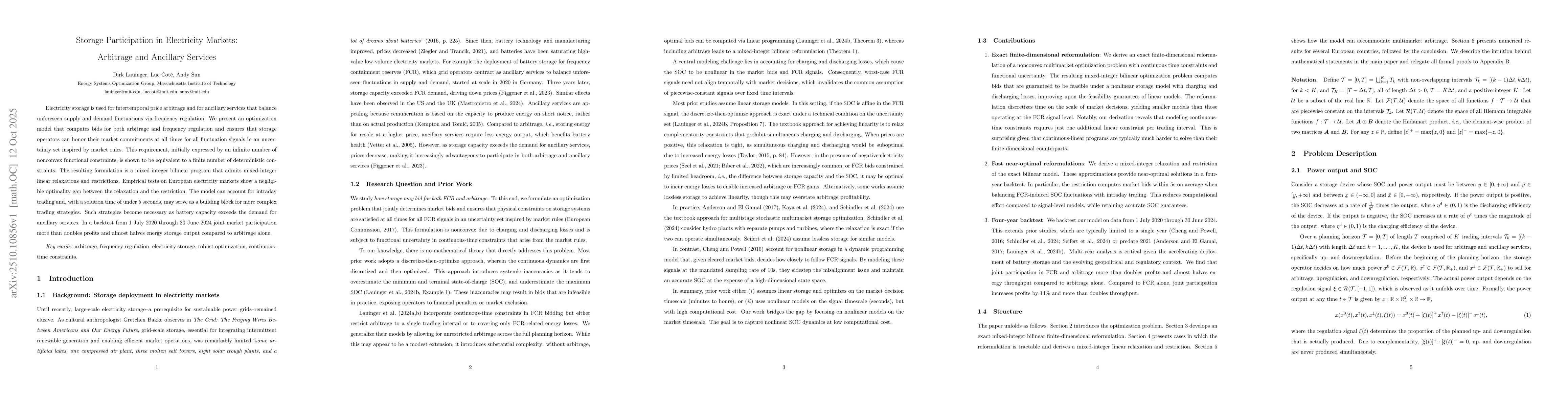Thumbnail for Storage Participation in Electricity Markets: Arbitrage and Ancillary
  Services
