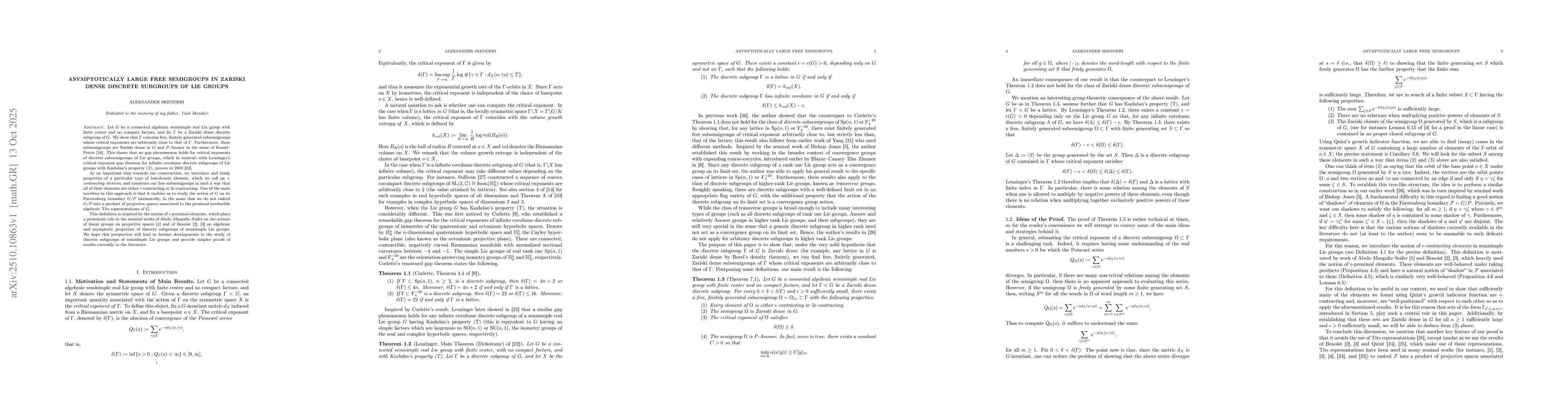 Thumbnail for Asymptotically large free semigroups in Zariski dense discrete subgroups
  of Lie groups