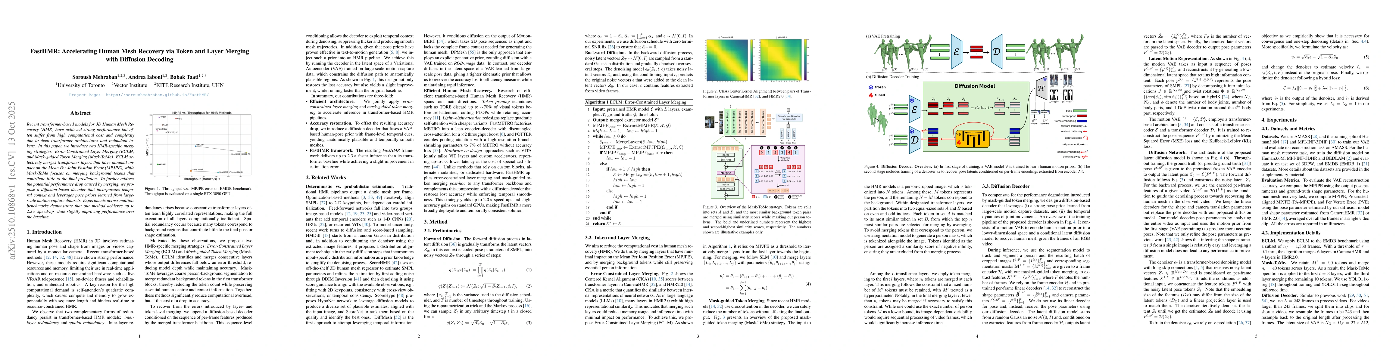 Thumbnail for FastHMR: Accelerating Human Mesh Recovery via Token and Layer Merging
  with Diffusion Decoding