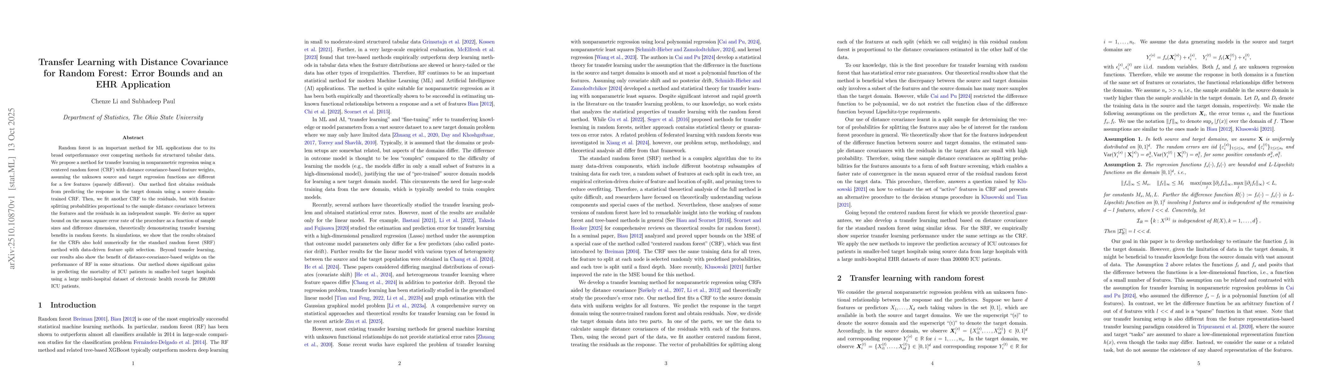 Thumbnail for Transfer Learning with Distance Covariance for Random Forest: Error
  Bounds and an EHR Application