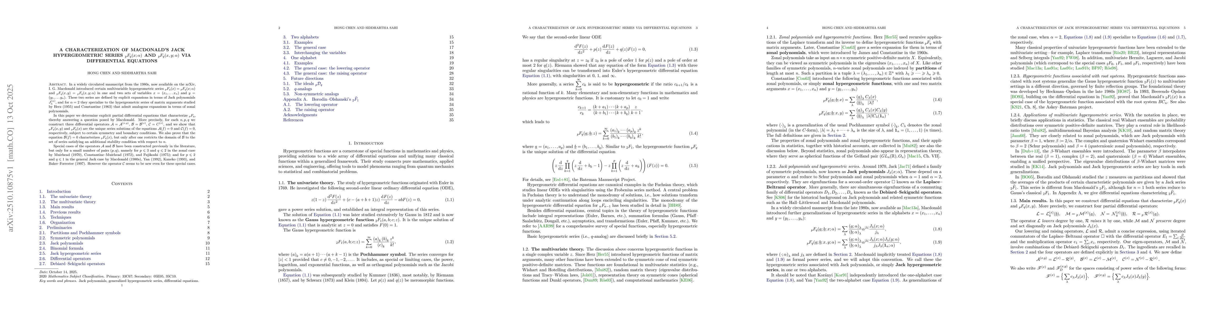 Thumbnail for A Characterization of Macdonald's Jack Hypergeometric Series
  ${}_pF_q(x;α)$ and ${}_pF_q(x,y;α)$ via Differential Equations