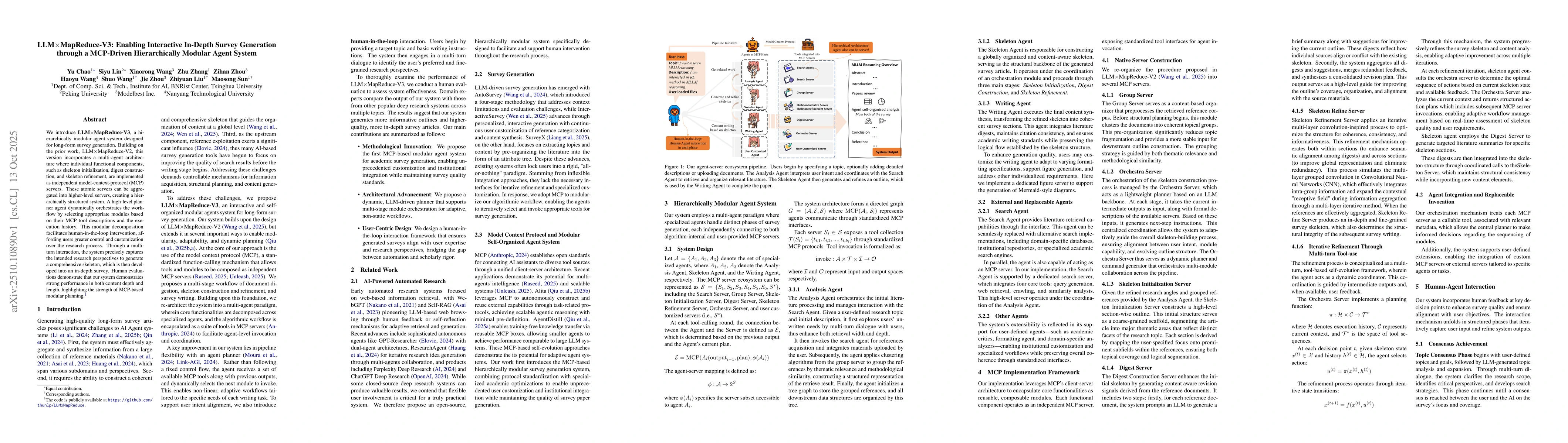 Thumbnail for LLM$\times$MapReduce-V3: Enabling Interactive In-Depth Survey Generation
  through a MCP-Driven Hierarchically Modular Agent System