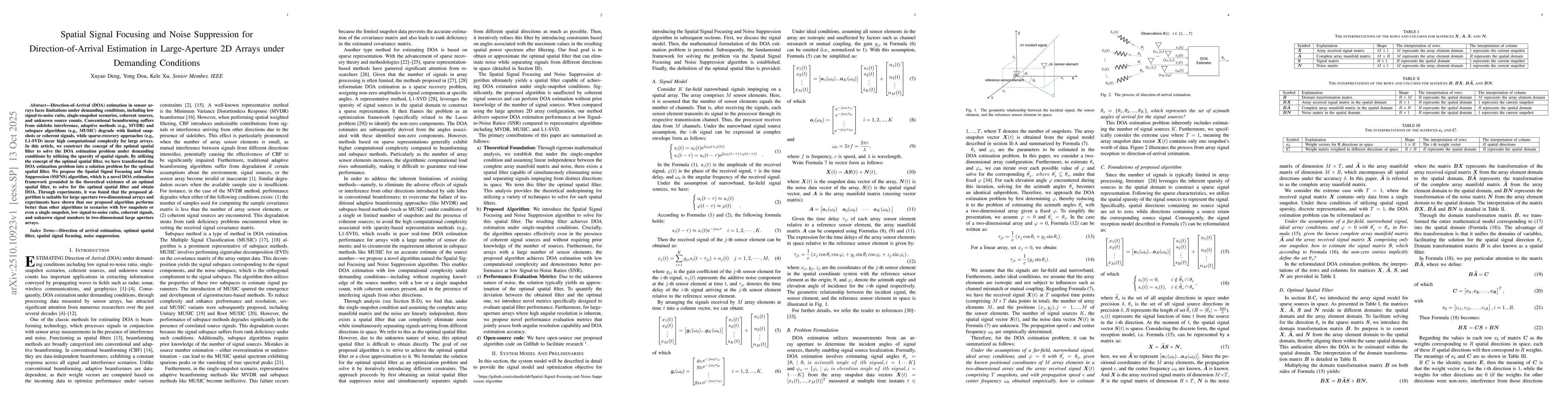 Thumbnail for Spatial Signal Focusing and Noise Suppression for Direction-of-Arrival
  Estimation in Large-Aperture 2D Arrays under Demanding Conditions