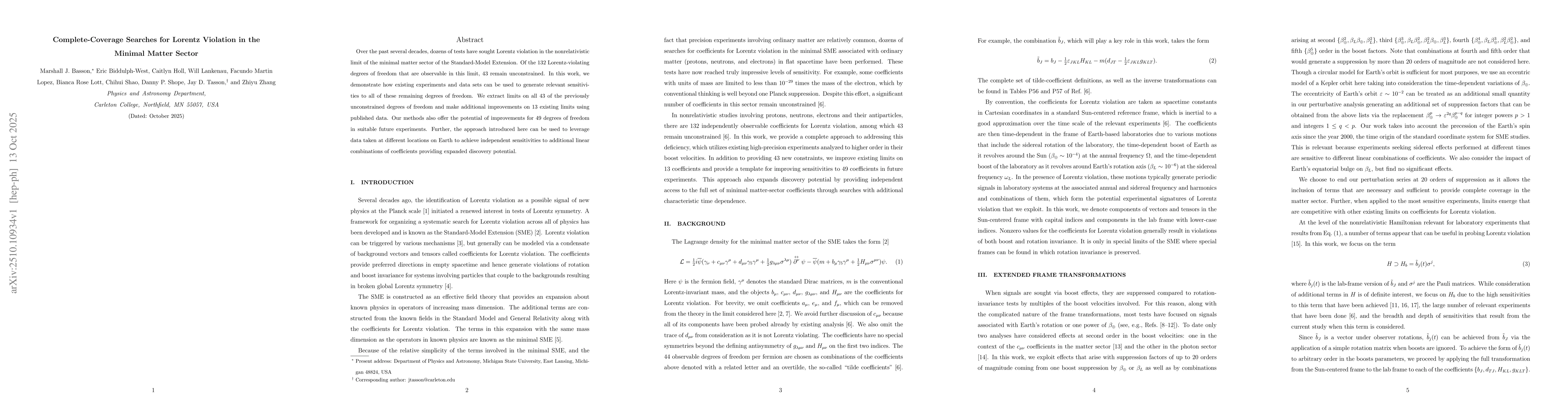 Thumbnail for Complete-Coverage Searches for Lorentz Violation in the Minimal Matter
  Sector