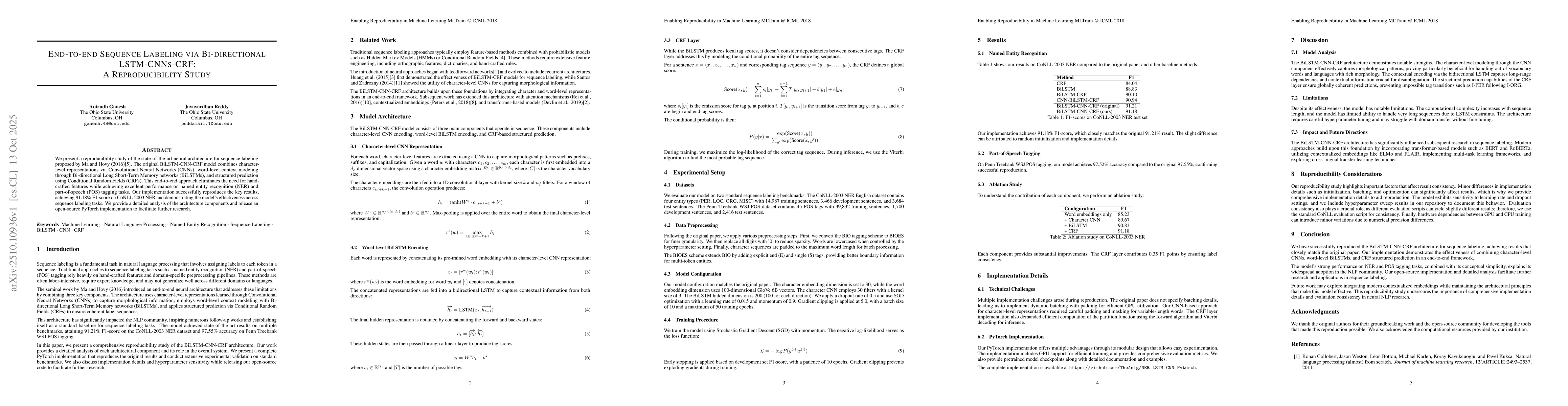 Thumbnail for End-to-end Sequence Labeling via Bi-directional LSTM-CNNs-CRF: A
  Reproducibility Study