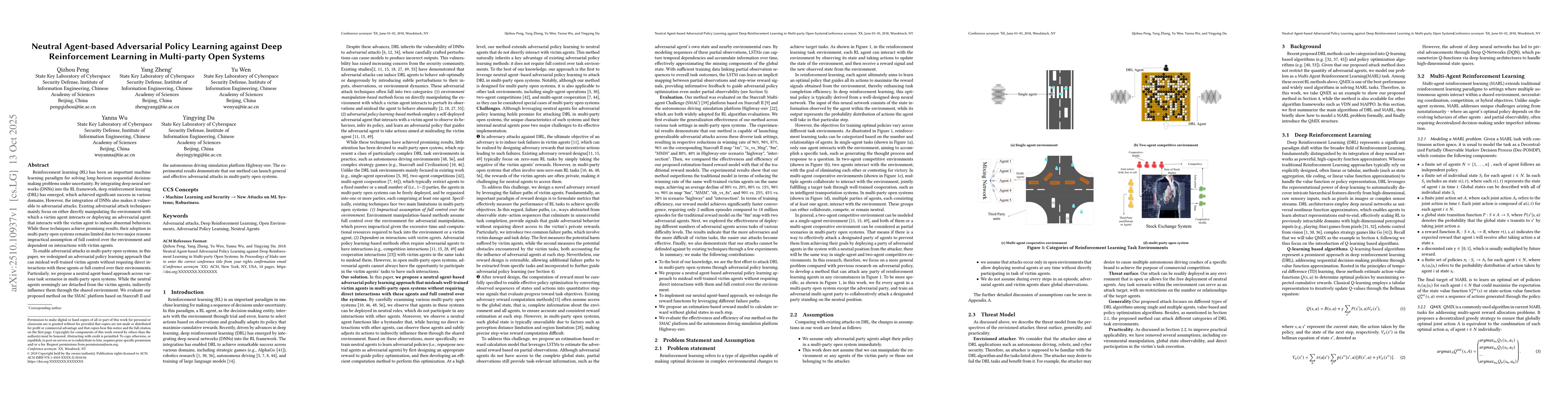 Thumbnail for Neutral Agent-based Adversarial Policy Learning against Deep
  Reinforcement Learning in Multi-party Open Systems
