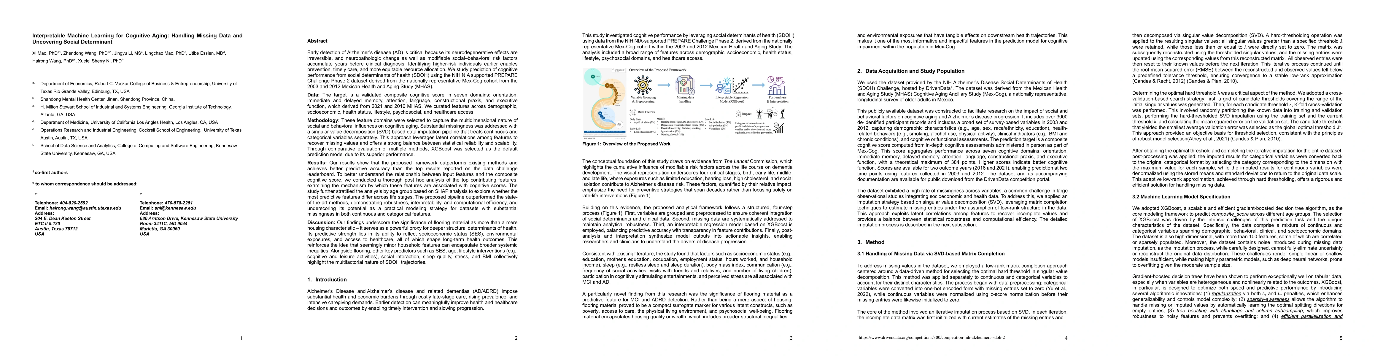 Thumbnail for Interpretable Machine Learning for Cognitive Aging: Handling Missing
  Data and Uncovering Social Determinant
