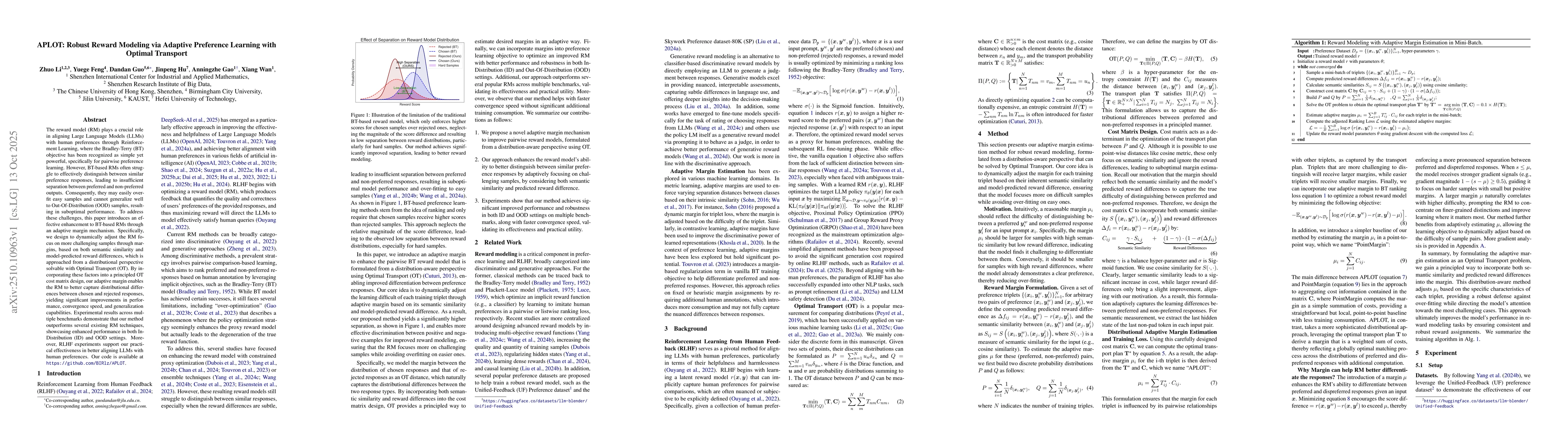Thumbnail for APLOT: Robust Reward Modeling via Adaptive Preference Learning with
  Optimal Transport