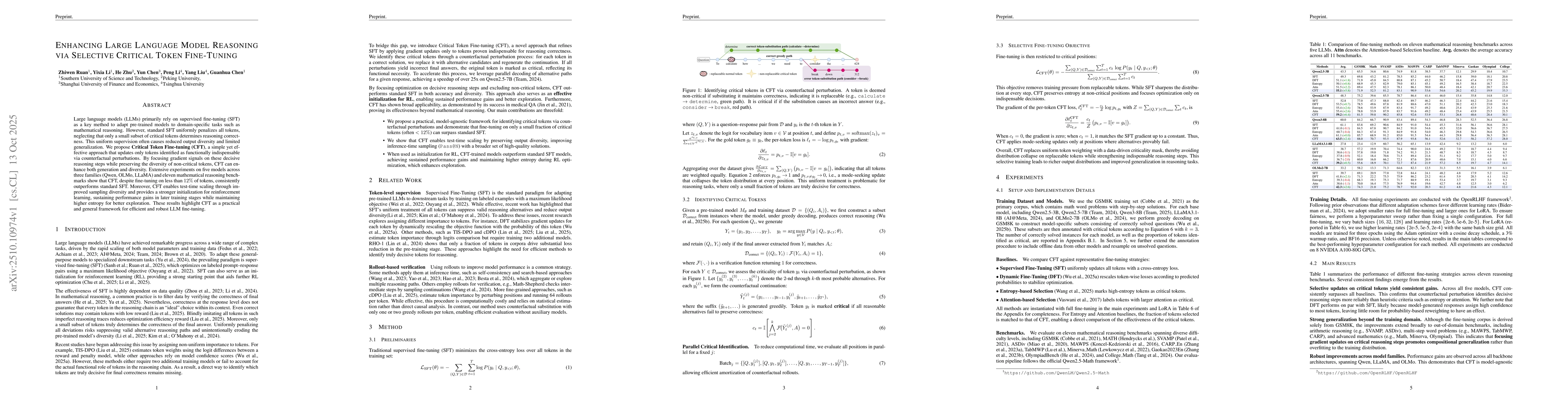 Thumbnail for Enhancing Large Language Model Reasoning via Selective Critical Token
  Fine-Tuning