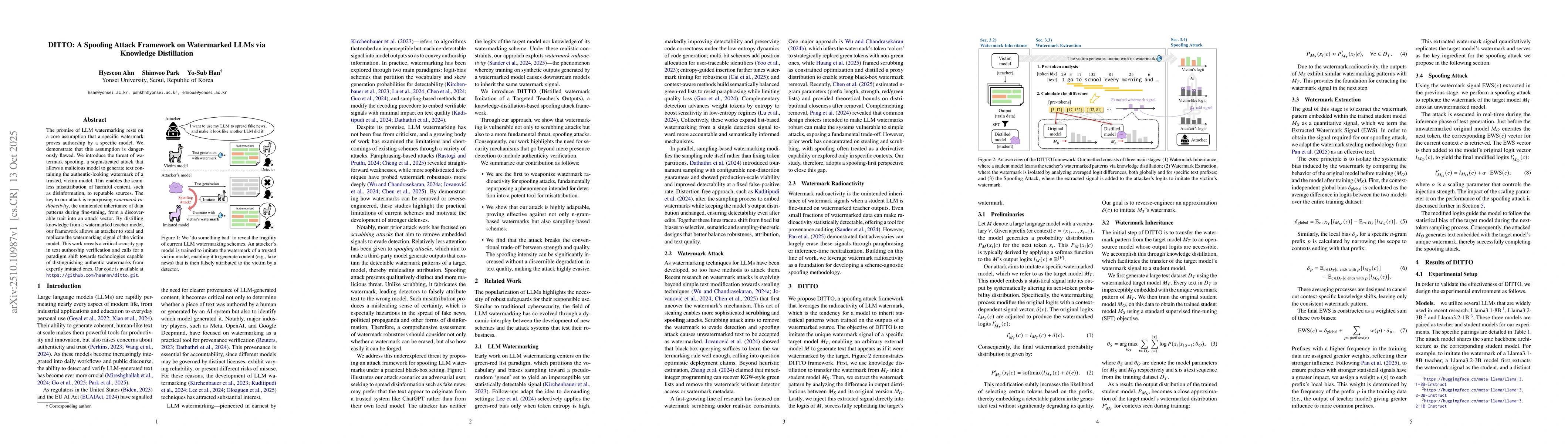 Thumbnail for DITTO: A Spoofing Attack Framework on Watermarked LLMs via Knowledge
  Distillation