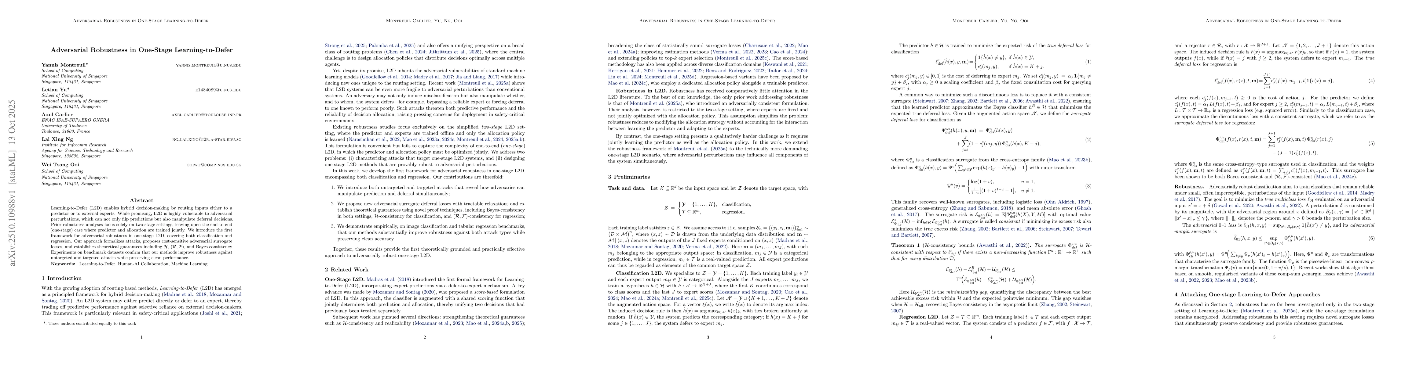 Thumbnail for Adversarial Robustness in One-Stage Learning-to-Defer