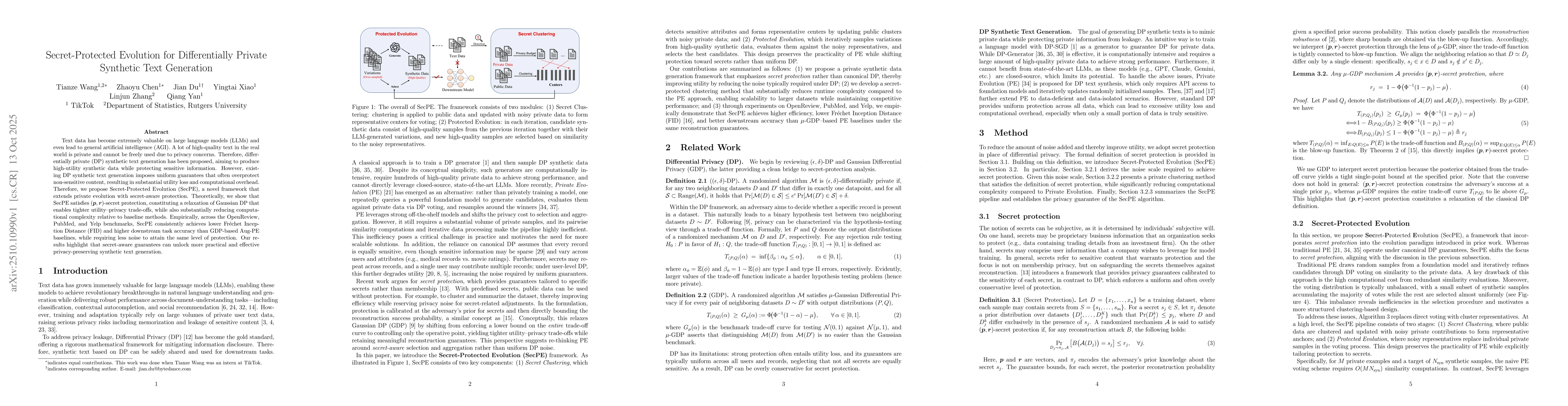 Thumbnail for Secret-Protected Evolution for Differentially Private Synthetic Text
  Generation