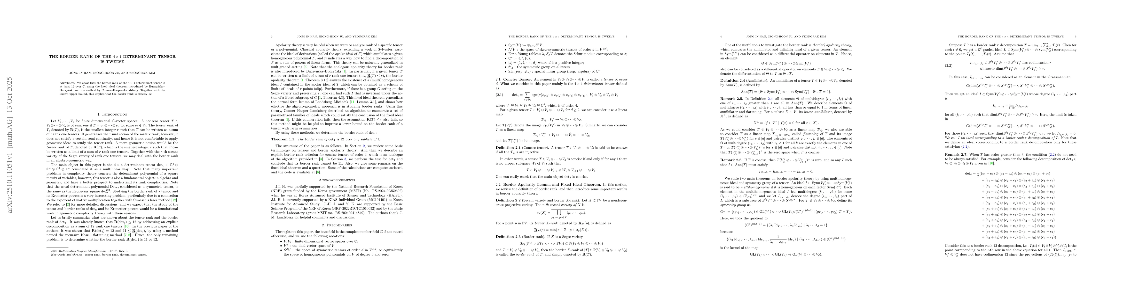 Thumbnail for The border rank of the $4 \times 4$ determinant tensor is twelve