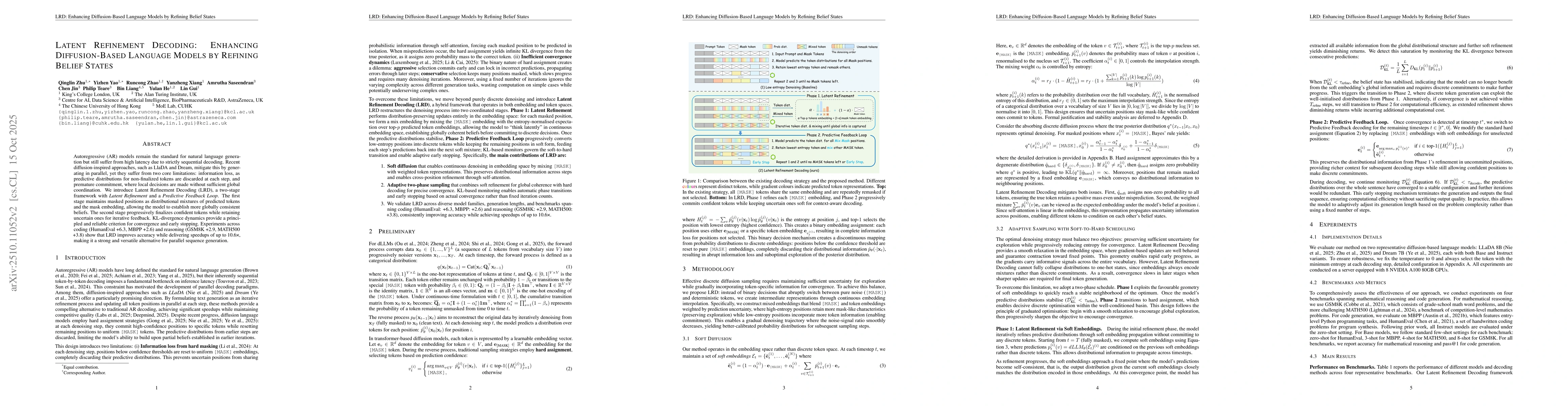Thumbnail for Latent Refinement Decoding: Enhancing Diffusion-Based Language Models by
  Refining Belief States