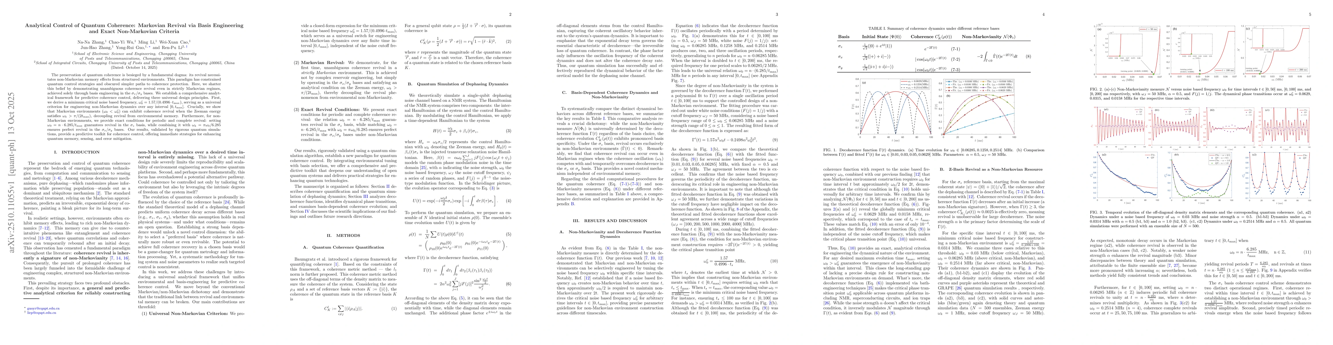 Thumbnail for Analytical Control of Quantum Coherence: Markovian Revival via Basis
  Engineering and Exact Non-Markovian Criteria