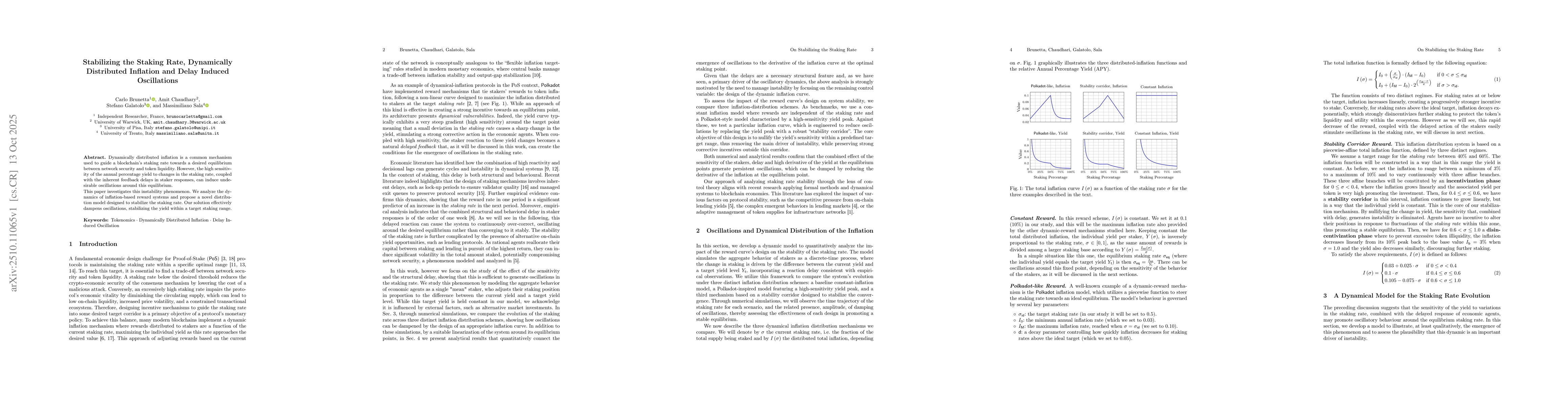 Thumbnail for Stabilizing the Staking Rate, Dynamically Distributed Inflation and
  Delay Induced Oscillations