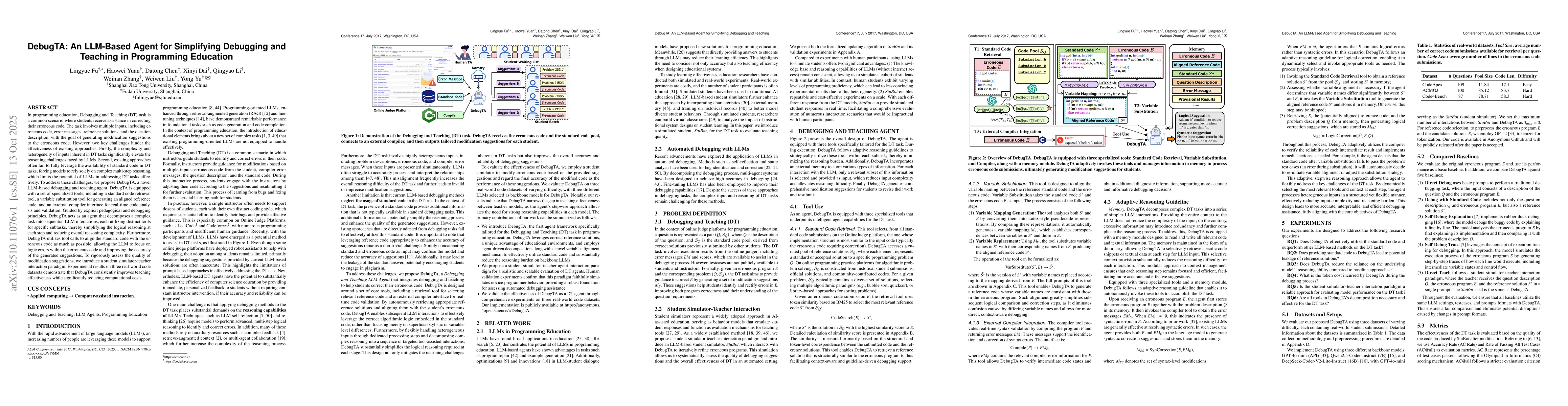 Thumbnail for DebugTA: An LLM-Based Agent for Simplifying Debugging and Teaching in
  Programming Education