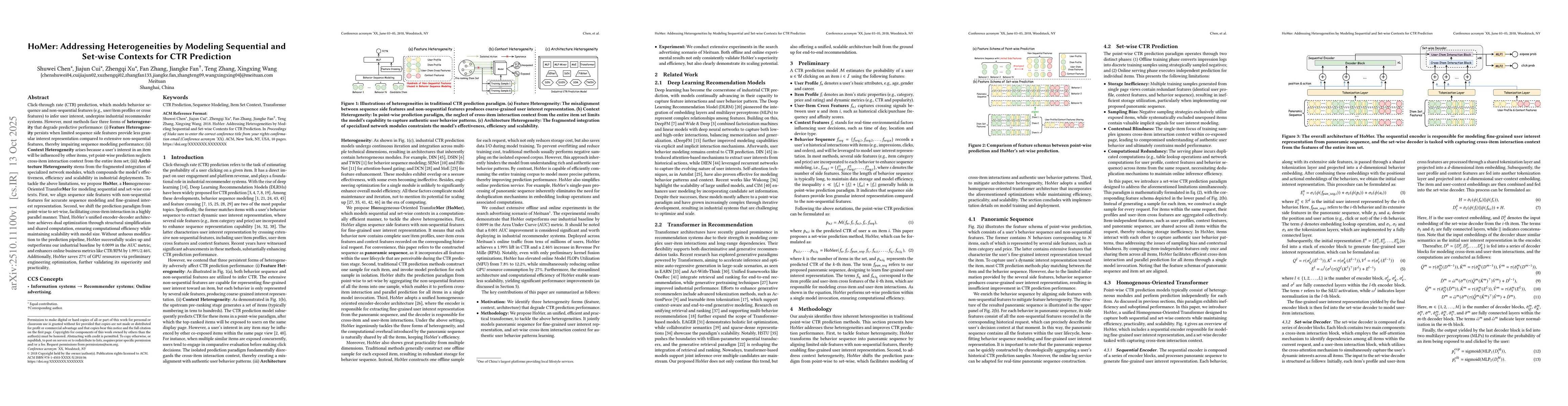 Thumbnail for HoMer: Addressing Heterogeneities by Modeling Sequential and Set-wise
  Contexts for CTR Prediction