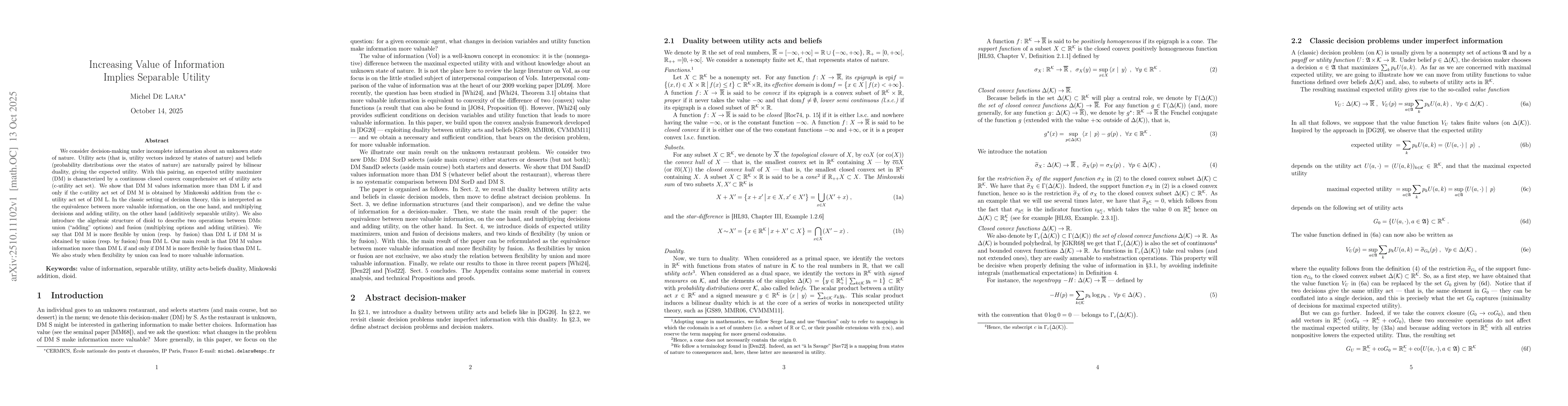 Thumbnail for Increasing Value of Information Implies Separable Utility