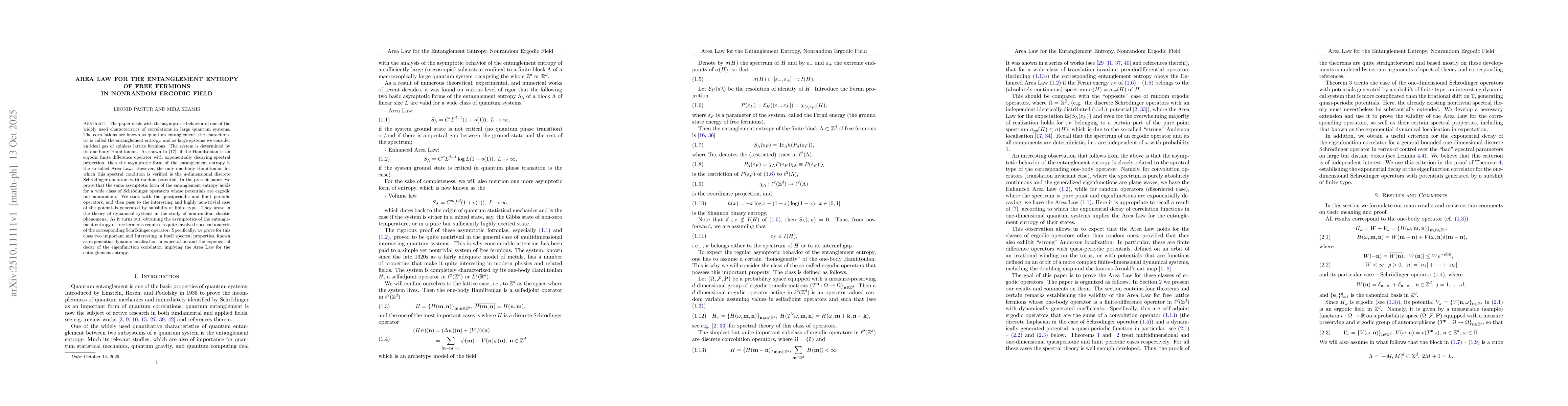 Thumbnail for Area Law for the entanglement entropy of free fermions in nonrandom
  ergodic field