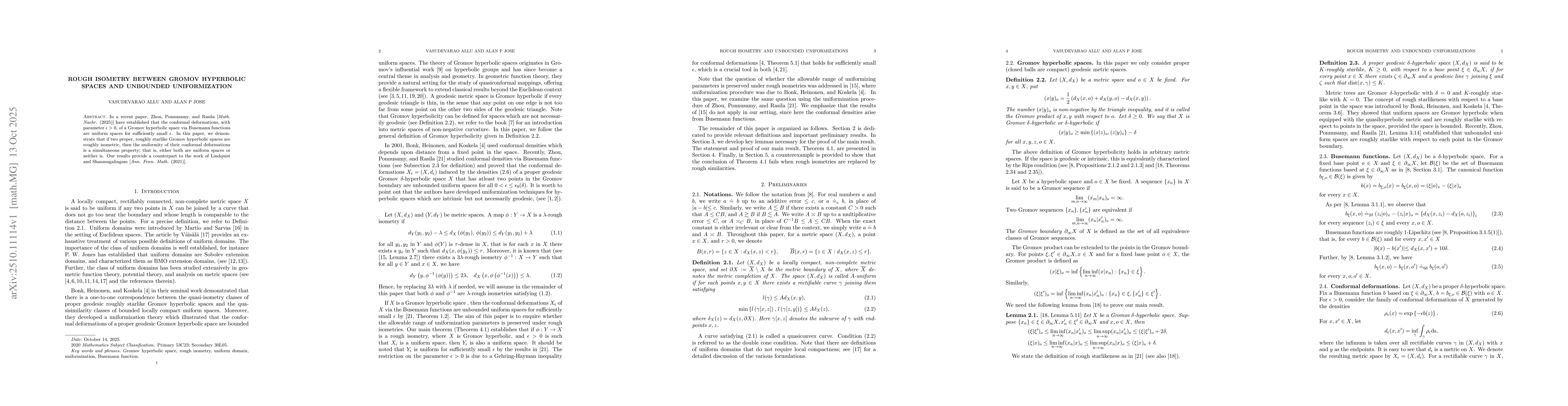 Thumbnail for Rough isometry between Gromov hyperbolic spaces and unbounded
  uniformization