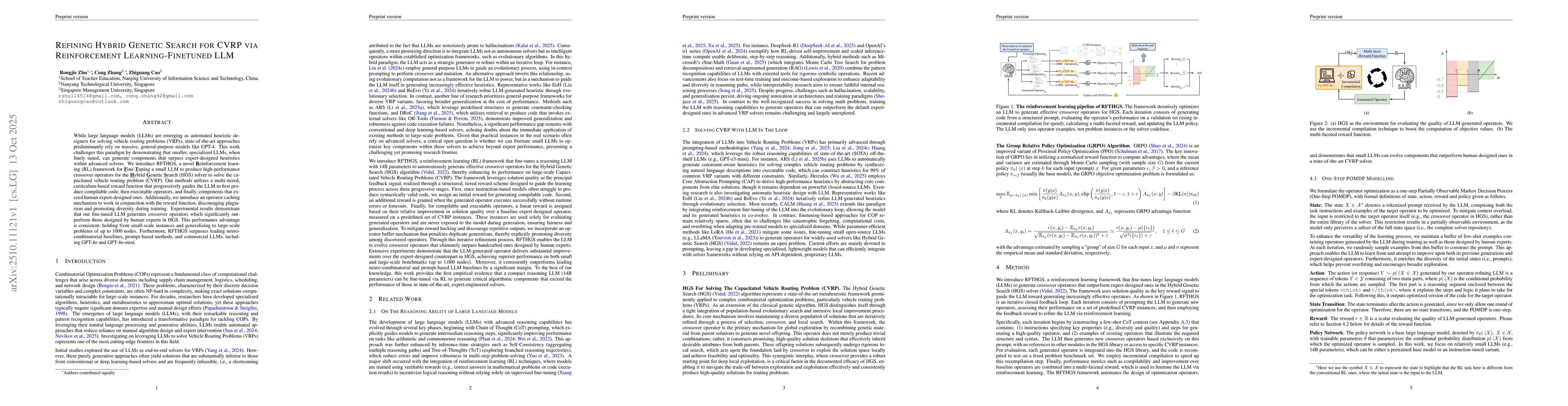 Thumbnail for Refining Hybrid Genetic Search for CVRP via Reinforcement
  Learning-Finetuned LLM