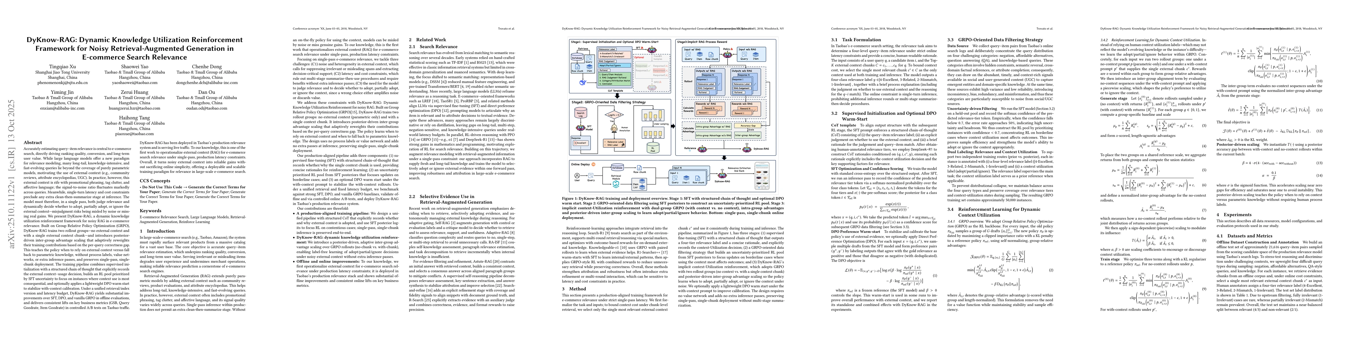 Thumbnail for DyKnow-RAG: Dynamic Knowledge Utilization Reinforcement Framework for
  Noisy Retrieval-Augmented Generation in E-commerce Search Relevance
