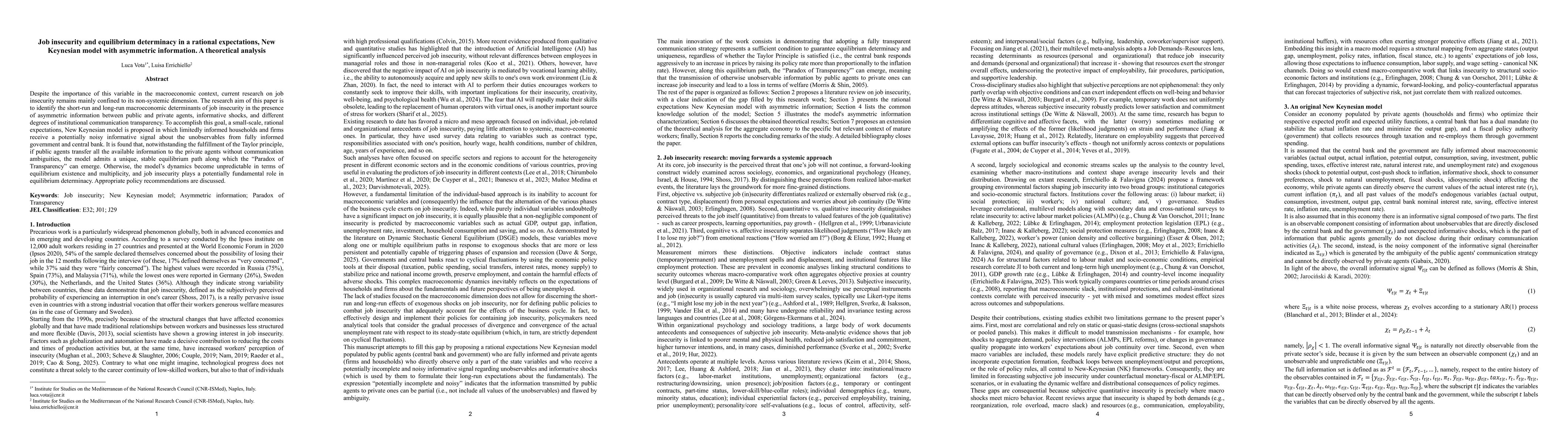 Thumbnail for Job insecurity and equilibrium determinacy in a rational expectations,
  New Keynesian model with asymmetric information. A theoretical analysis
