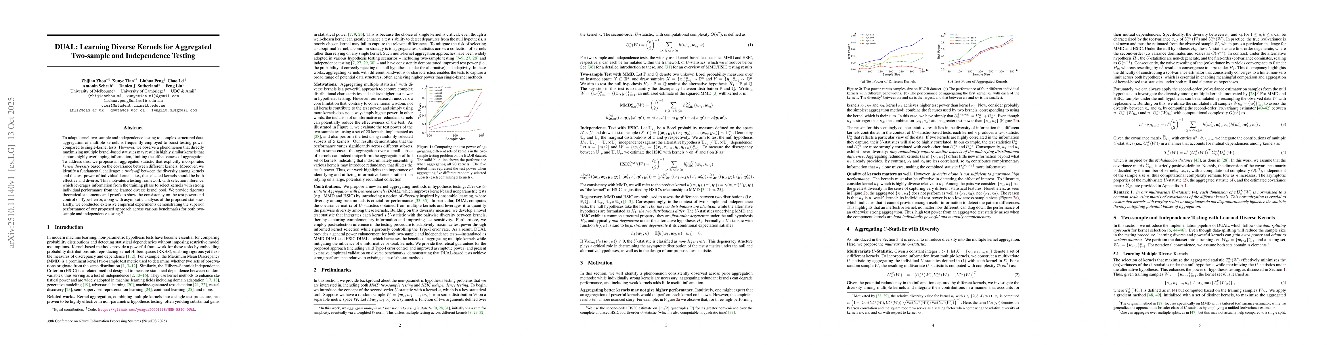 Thumbnail for DUAL: Learning Diverse Kernels for Aggregated Two-sample and
  Independence Testing
