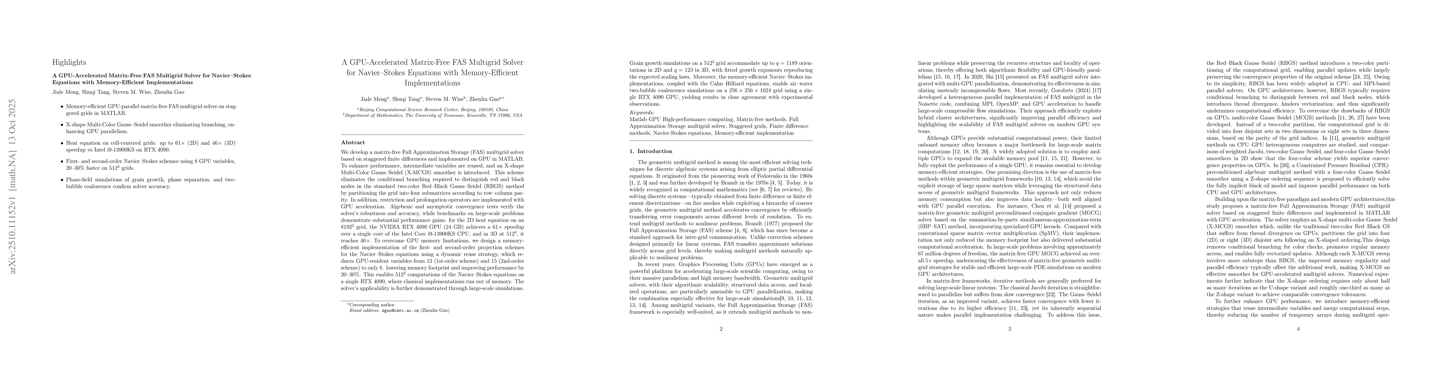 Thumbnail for A GPU-Accelerated Matrix-Free FAS Multigrid Solver for Navier-Stokes
  Equations with Memory-Efficient Implementations