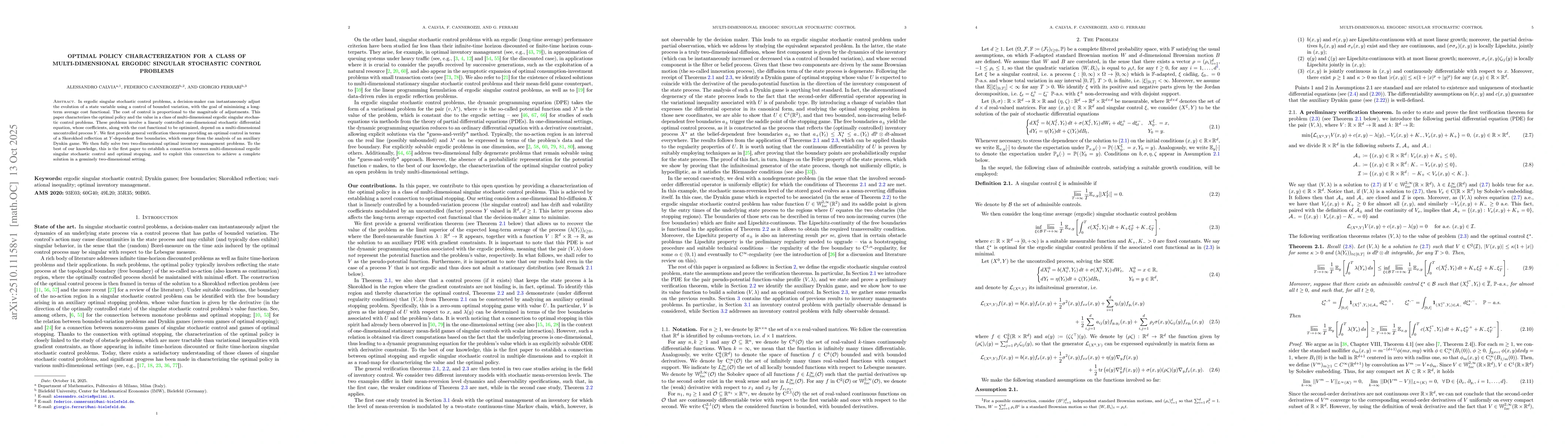 Thumbnail for Optimal Policy Characterization for a Class of Multi-Dimensional Ergodic
  Singular Stochastic Control Problems