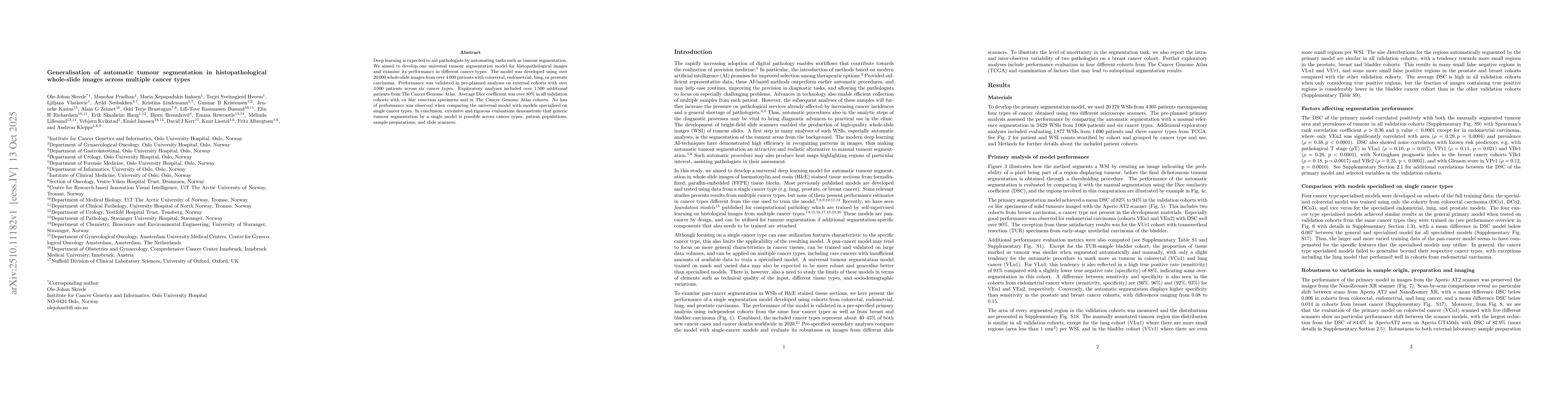 Thumbnail for Generalisation of automatic tumour segmentation in histopathological
  whole-slide images across multiple cancer types