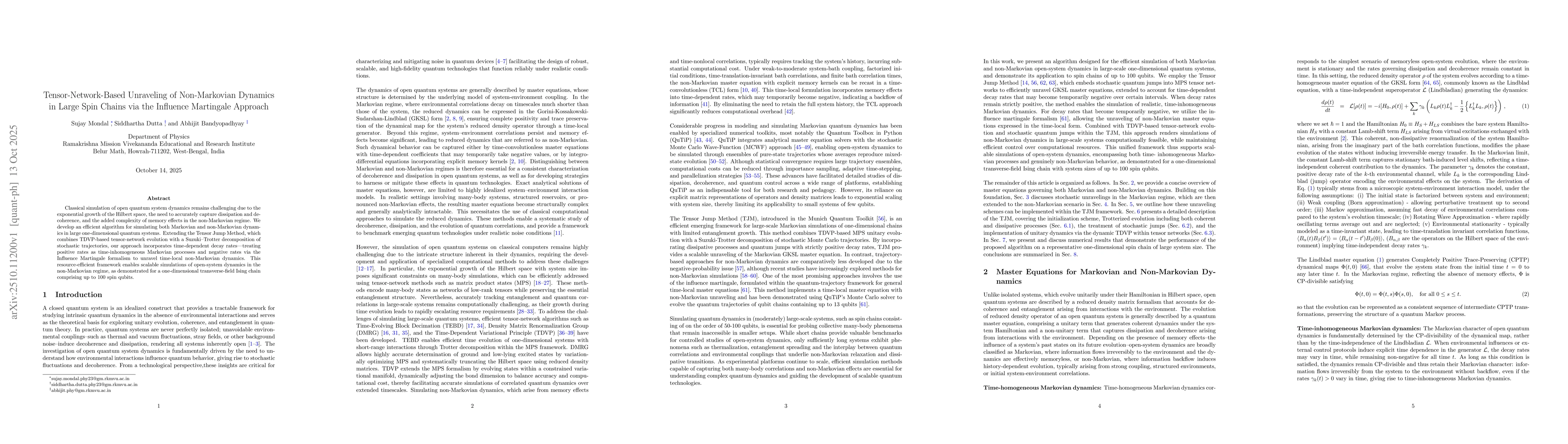Thumbnail for Tensor-Network-Based Unraveling of Non-Markovian Dynamics in Large Spin
  Chains via the Influence Martingale Approach