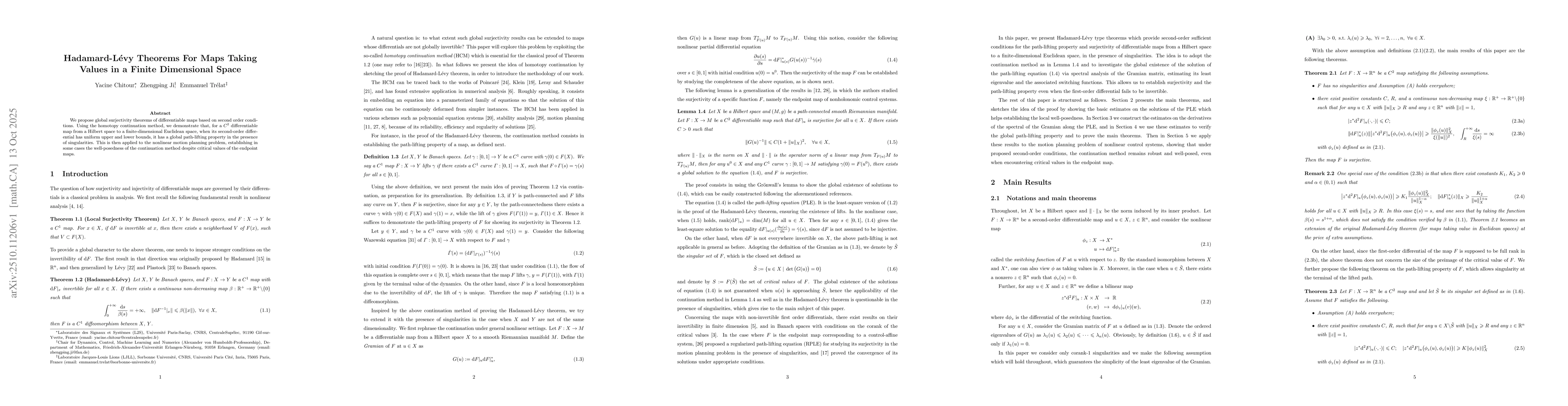 Thumbnail for Hadamard-Lévy theorems for maps taking values in a finite
  dimensional space