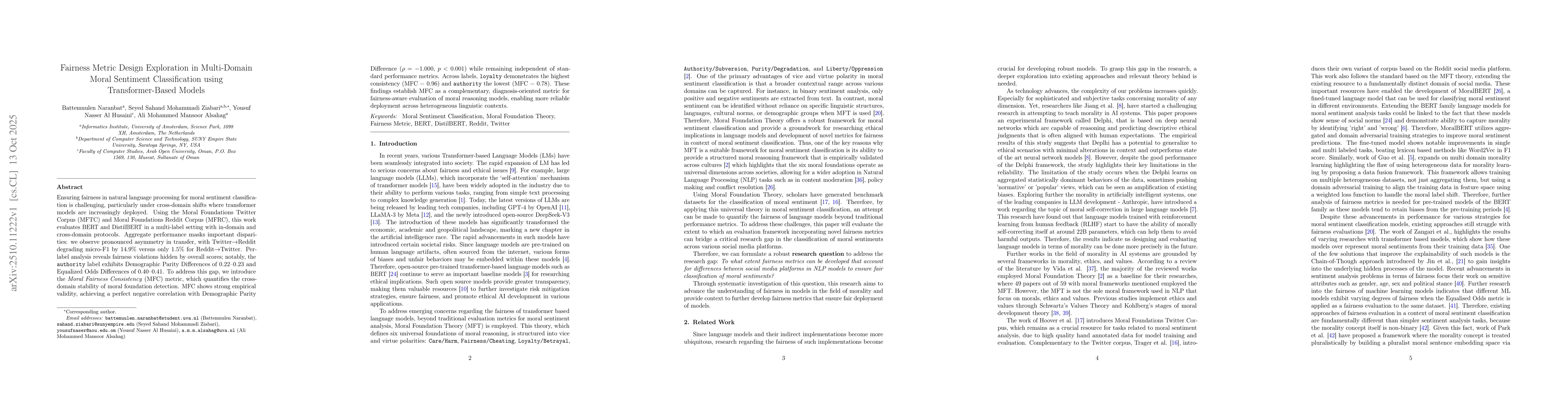 Thumbnail for Fairness Metric Design Exploration in Multi-Domain Moral Sentiment
  Classification using Transformer-Based Models