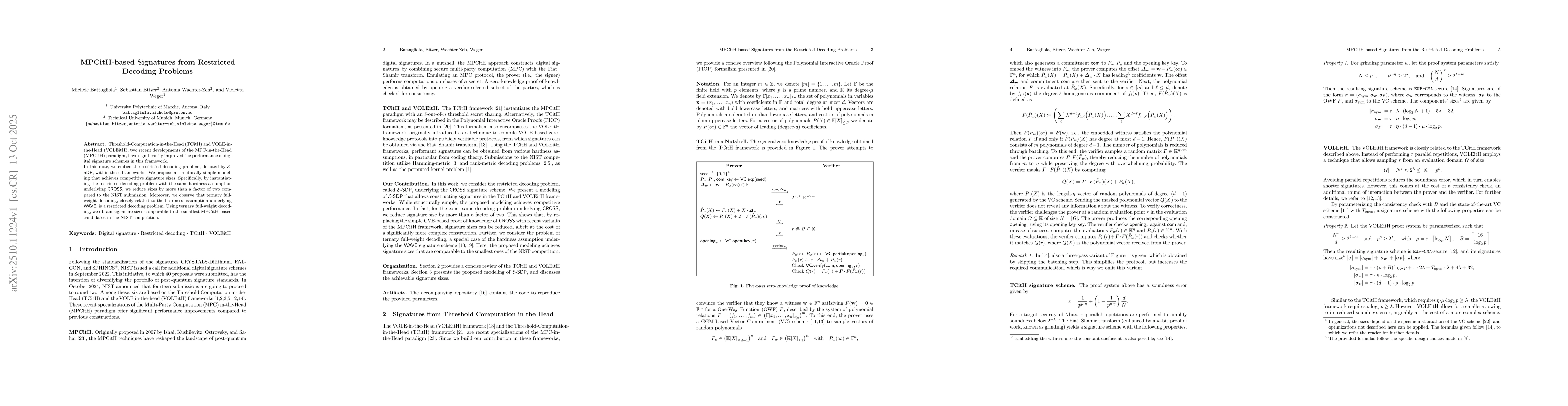 Thumbnail for MPCitH-based Signatures from Restricted Decoding Problems