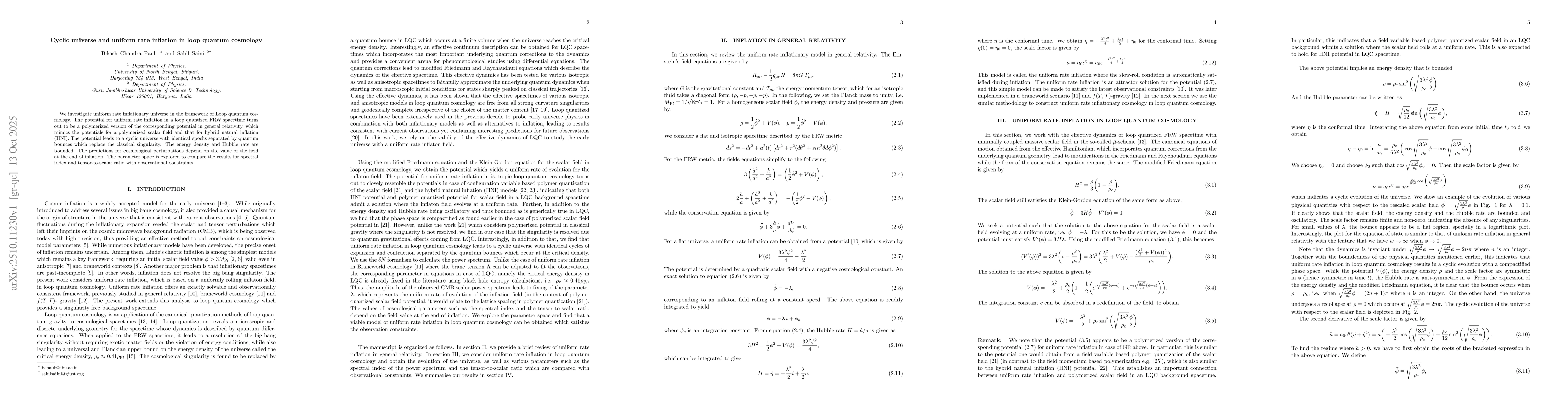 Thumbnail for Cyclic universe and uniform rate inflation in loop quantum cosmology