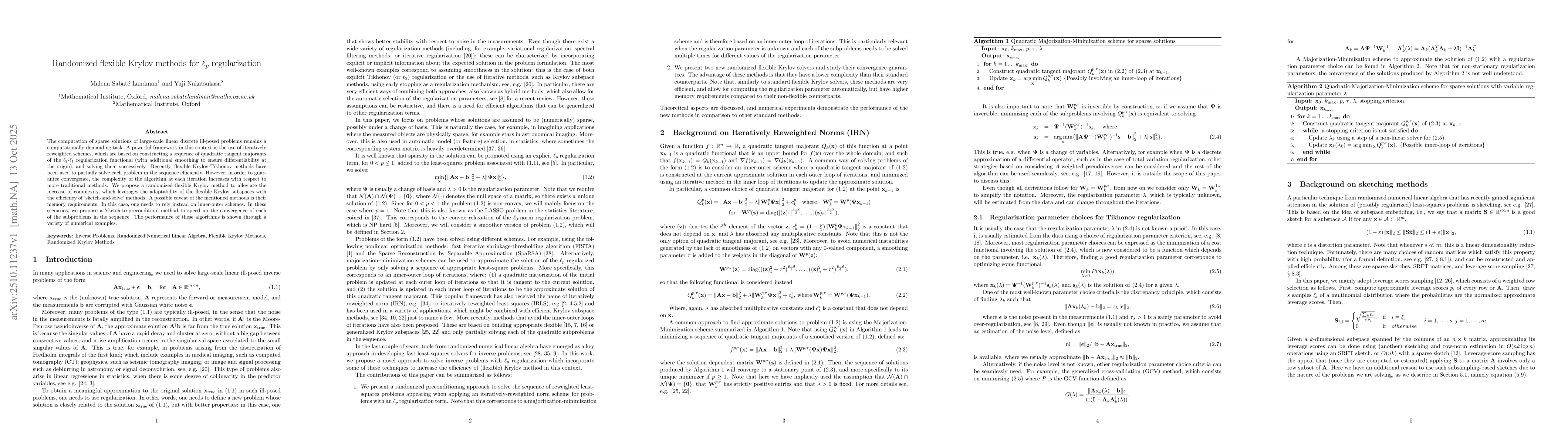 Thumbnail for Randomized flexible Krylov methods for $\ell_p$ regularization