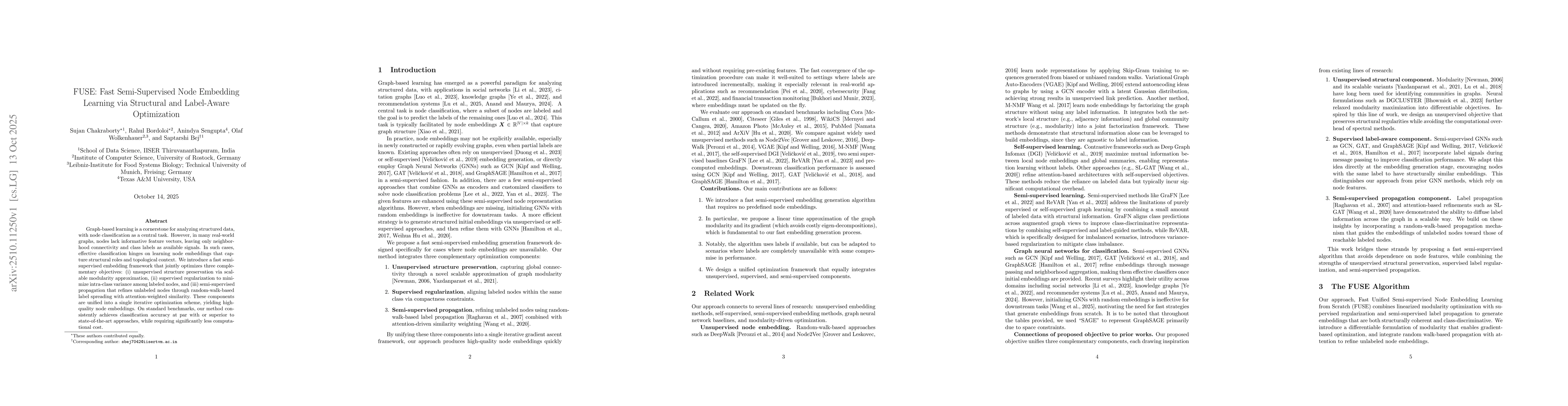 Thumbnail for FUSE: Fast Semi-Supervised Node Embedding Learning via Structural and
  Label-Aware Optimization