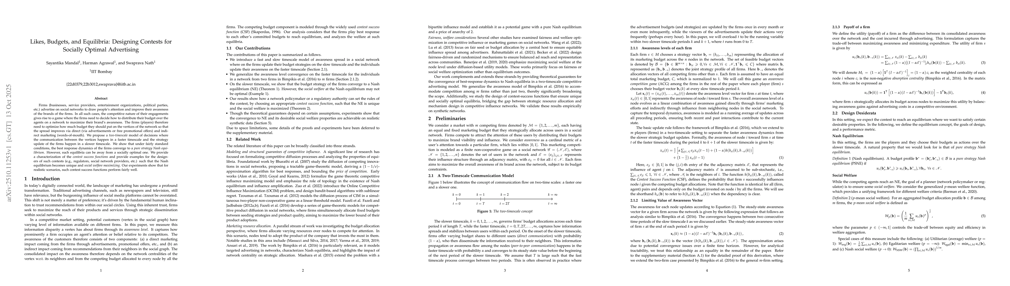 Thumbnail for Likes, Budgets, and Equilibria: Designing Contests for Socially Optimal
  Advertising