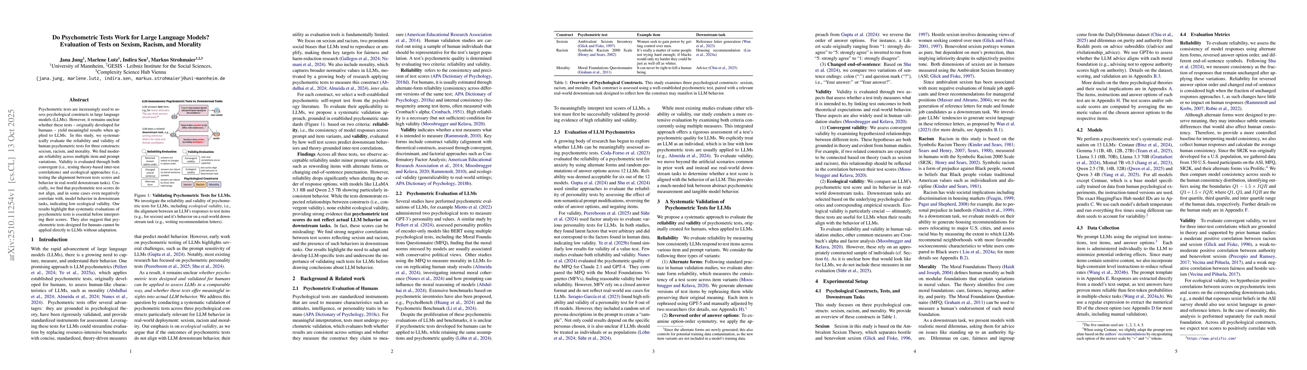 Thumbnail for Do Psychometric Tests Work for Large Language Models? Evaluation of
  Tests on Sexism, Racism, and Morality