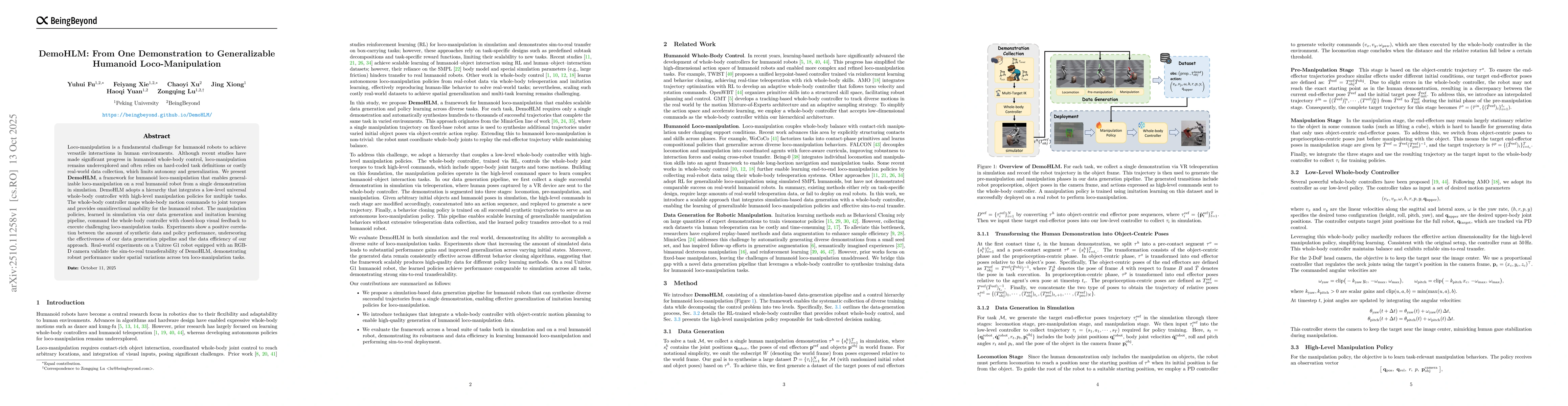 Thumbnail for DemoHLM: From One Demonstration to Generalizable Humanoid
  Loco-Manipulation
