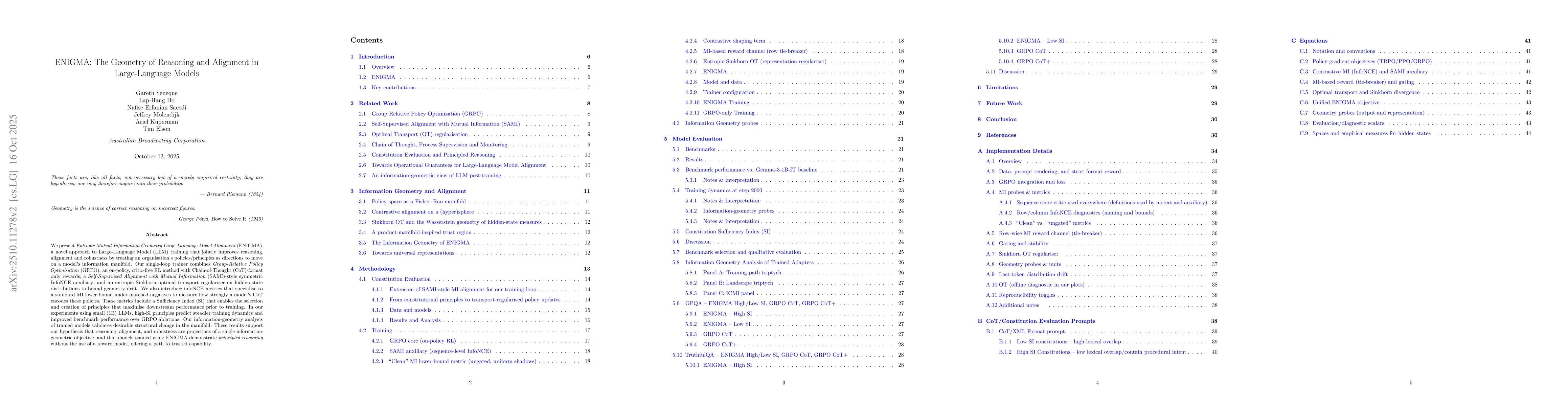 Thumbnail for ENIGMA: The Geometry of Reasoning and Alignment in Large-Language Models