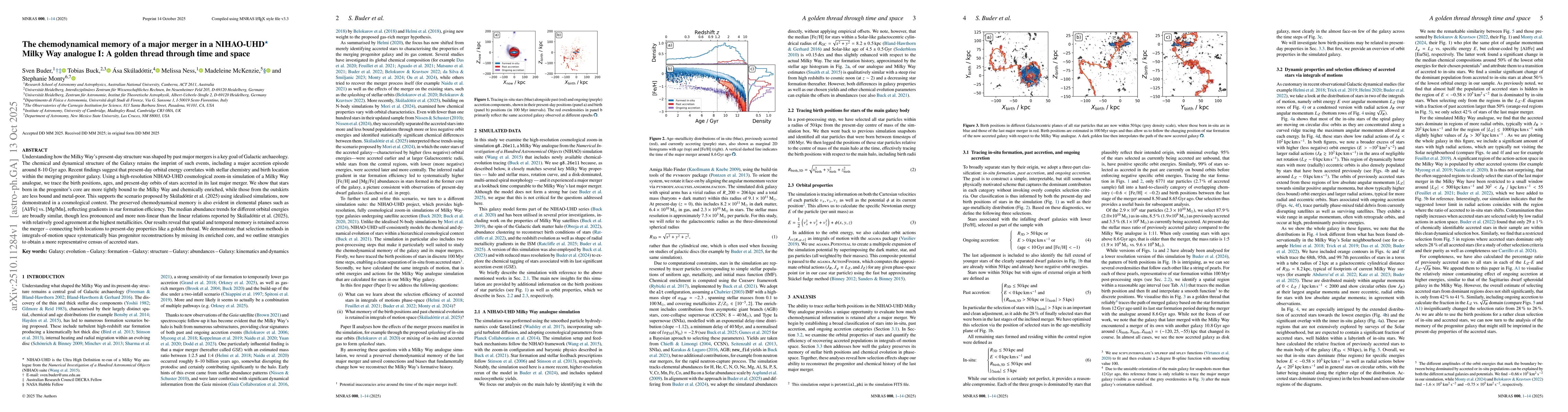 Thumbnail for The chemodynamical memory of a major merger in a NIHAO-UHD Milky Way
  analogue I: A golden thread through time and space